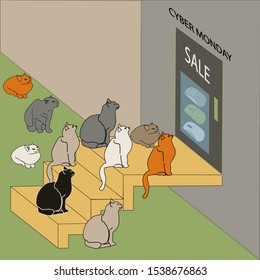 Waiting for Cyber Monday sale. Cats crowding at the door of the shop in expectation of sale. May be advertising material. 