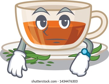 Waiting darjeeling tea above wooden cartoon table