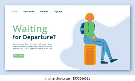 Waiting for departure landing page vector template. Holiday journey website interface idea with flat illustrations. Vacation trip homepage layout. Travel company web banner, webpage cartoon concept