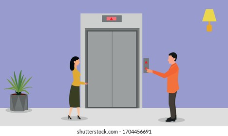 waiting for elevator vector male and female closed doors flat illustration