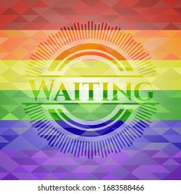 Waiting emblem on mosaic background with the colors of the LGBT flag