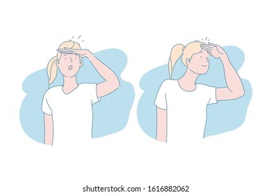 Waiting, expectation, positive emotion concept. Sunrays protection, watching carefully, girl looking into distance, young woman covering eyes from sun with handbreadth. Simple flat vector