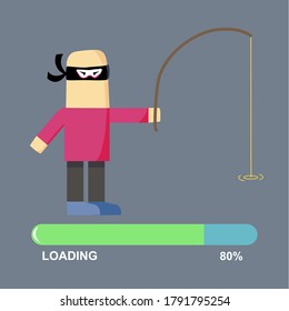 Waiting for fishing. Cartoon fisherman and loading bar 80 percent. Flat vector illustration