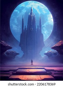 waiting in front of the spacecraft, city of alien, special illustration art design