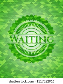 Waiting green emblem. Mosaic background