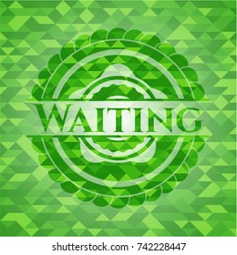 Waiting green emblem. Mosaic background