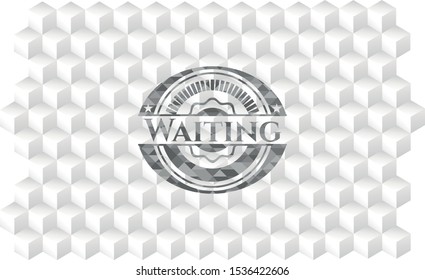 Waiting grey badge with geometric cube white background