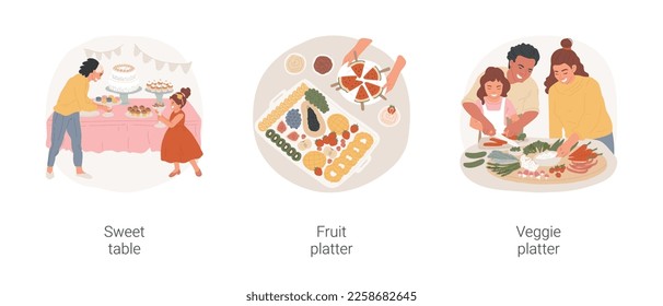 Waiting for guests isolated cartoon vector illustration set. Make sweet station, put plates with dessert on table, prepare fruit platter, slicing watermelon, veggie appetizer vector cartoon.