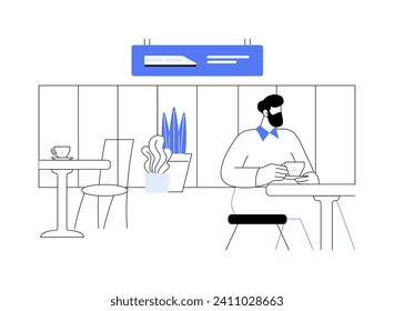 Waiting hall abstract concept vector illustration. Man drinking coffee in waiting hall of railway station, urban transportation services, public train transport, timetable idea abstract metaphor.