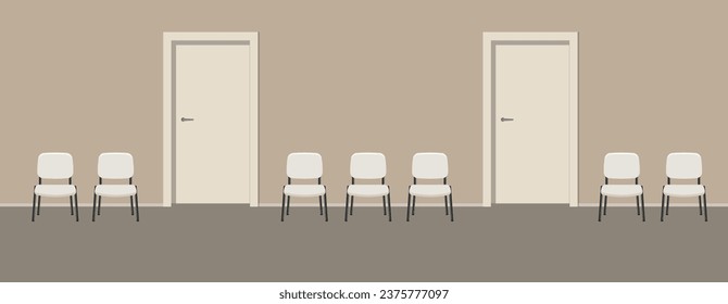 Waiting hall in a beige color. Corridor interior. Many white chairs near the doors. Vector flat illustration.