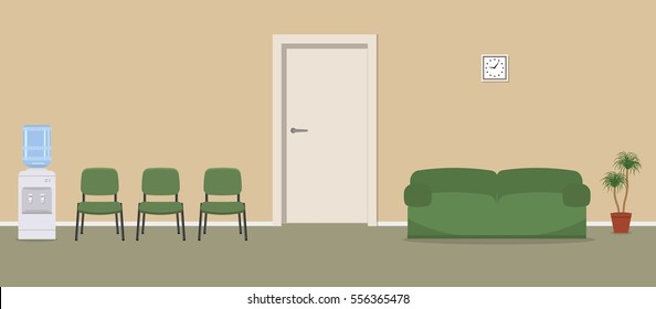 Waiting hall in a beige color. Corridor. There are green chairs, a water cooler, a sofa near the door in the picture. Vector flat illustration.