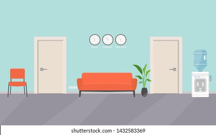 Waiting hall in a blue color. Corridor. There are chairs, a water cooler, a sofa near the doors in the picture. Vector flat illustration.