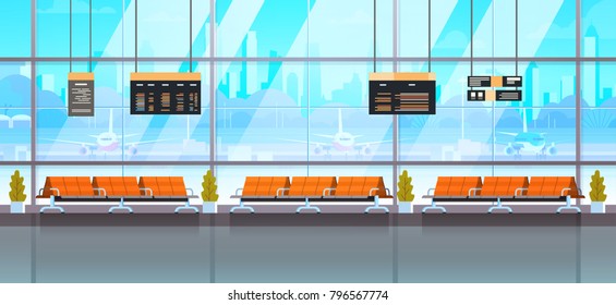 Waiting Hall Or Departure Lounge Modern Airport Interior Terminal Flat Vector Illustration