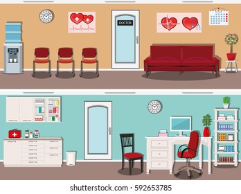 Waiting hall in the hospital with chairs, comfortable sofa, lamps and water cooler. Doctor office with medical cabinet, chairs, desk and bookcase. Flat style vector illustration.