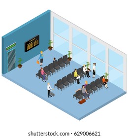 Waiting Hall Interior Isometric View for Airport, Office, Clinic or Station witch People and Furniture. Vector illustration
