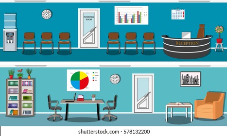 Waiting hall and interview room in a blue color with reception, chairs, bookcase, table, armchair and water cooler. Office space. Flat style vector illustration.