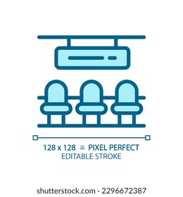 Waiting hall pixel perfect blue RGB color icon. Railway station. Passenger terminal seats. Airport lounge. Departure gate. Isolated vector illustration. Simple filled line drawing. Editable stroke