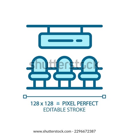 Waiting hall pixel perfect blue RGB color icon. Railway station. Passenger terminal seats. Airport lounge. Departure gate. Isolated vector illustration. Simple filled line drawing. Editable stroke