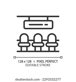 Waiting hall pixel perfect linear icon. Railway station. Passenger terminal seats. Airport lounge. Departure gate. Thin line illustration. Contour symbol. Vector outline drawing. Editable stroke