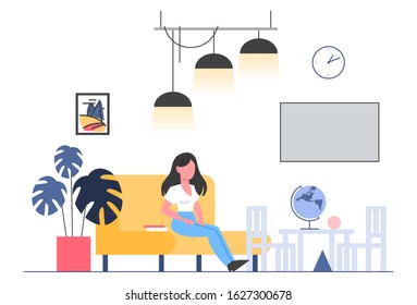 Waiting hall in travel agency. Office restroom interior. Woman sitting in armchair. Business company comfortable lobby. Flat vector illustration