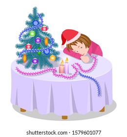 Waiting for the holiday. A lonely girl before the New year is dozing at the table near the Christmas tree. Vector illustration.