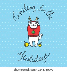 Waiting for the Holidays. Illustration of cute white cat trying on Christmas deer antler headband on blue dotted background. Christmas card. Vector 8 EPS.