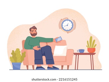 Waiting at home concept. Man sits on sofa with smartphone in his hands. Home delivery of goods, online shopping or taxi services. Poster or banner for website. Cartoon flat vector illustration