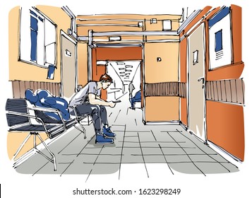 Waiting in the hospital lobby - hand drawn sketch