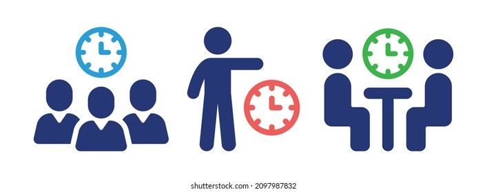Waiting icon set. Man with clock symbol isolated on white background.