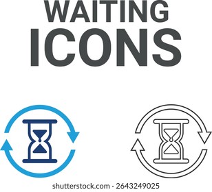 Waiting icons, Line art icons, Timer, alarm, schedule, hourglass, clock icons. Solid icon collection.