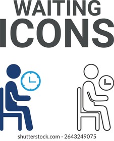 Waiting icons, Line art icons, Timer, alarm, schedule, hourglass, clock icons. Solid icon collection.
