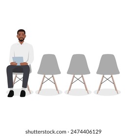 Esperando la entrevista. Joven empresario barbudo y confiado sostiene el papel mientras está sentado en la silla. Ilustración vectorial plana aislada sobre fondo blanco