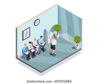 Waiting interview isometric people composition with office reception area interior and delayed job applicants human characters vector illustration