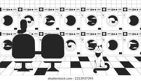 Waiting for laundry black and white lo fi chill wallpaper. Housework laundromat. Woman in launderette 2D vector cartoon character illustration, minimalism background. 80s retro album art, line art