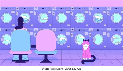 Waiting for laundry lo fi chill wallpaper. Housework laundromat. Woman in launderette with cat 2D vector cartoon character illustration, vaporwave background. 80s retro album art, synthwave aesthetics