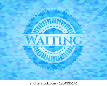 Waiting light blue emblem with triangle mosaic background