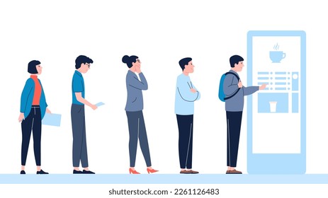 Waiting line to coffee machine. Morning popular drink, people need energy and wake up. Queue to drinks vending machine in hospital, office or mall, vector scene