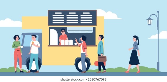 Waiting line to coffee truck. People eating and drink coffee tea hot beverages. Breakfast or lunch time, outdoor cafe on wheels, vector scene