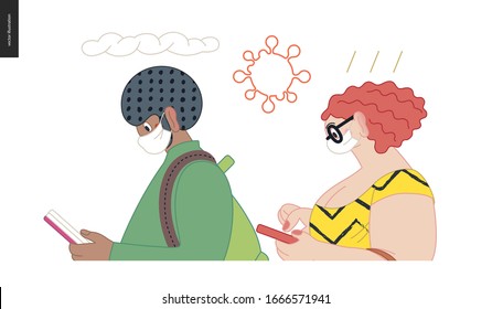 Waiting in line coronavirus - modern flat vector concept illustration of people standing in line wearing mask, talking to each other. Multicultural, multilingual people, coronavirus protection concept