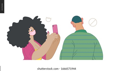 Waiting in line coronavirus - modern flat vector concept illustration of people standing in line wearing mask, talking to each other. Multicultural, multilingual people, coronavirus protection concept