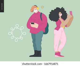 Waiting in line coronavirus - modern flat vector concept illustration of people standing in line wearing mask, talking to each other. Multicultural, multilingual people, coronavirus protection concept