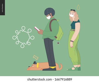 Waiting in line coronavirus - modern flat vector concept illustration of people standing in line wearing mask, talking to each other. Multicultural, multilingual people, coronavirus protection concept