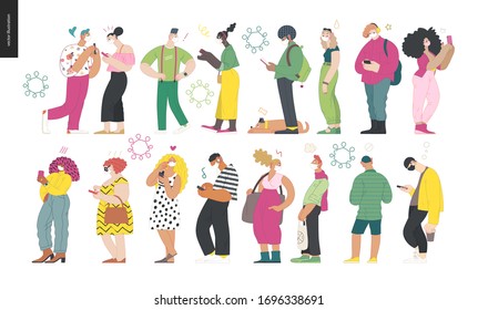 Waiting In Line Coronavirus - Modern Flat Vector Concept Illustration Of People Standing In Line Wearing Mask, Talking To Each Other. Multicultural, Multilingual People, Coronavirus Protection Concept