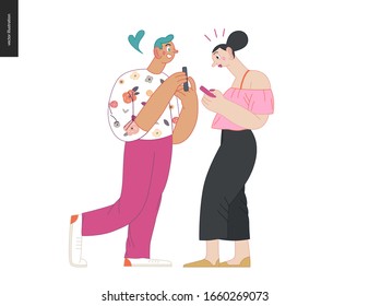 Waiting in line - modern flat vector concept illustration of a young man a woman standing in line with smartphones, talking to each other. Multicultural, multilingual people, diversity concept