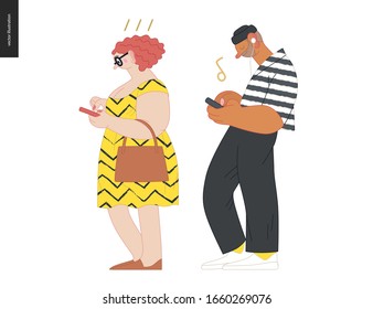 Waiting in line - modern flat vector concept illustration of a young man a woman standing in line with smartphones, talking to each other. Multicultural, multilingual people, diversity concept