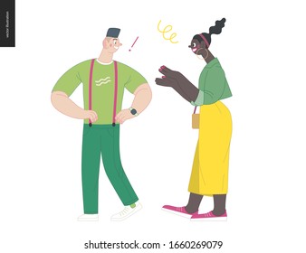 Waiting in line - modern flat vector concept illustration of a young man a woman standing in line with smartphones, talking to each other. Multicultural, multilingual people, diversity concept