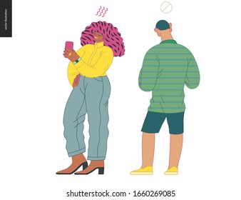 Waiting in line - modern flat vector concept illustration of a young man a woman standing in line with smartphones, talking to each other. Multicultural, multilingual people, diversity concept