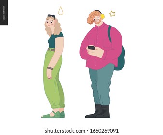 Waiting in line - modern flat vector concept illustration of a young man a woman standing in line with smartphones, talking to each other. Multicultural, multilingual people, diversity concept