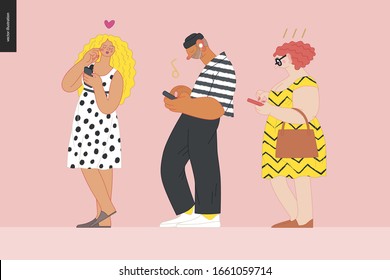 Esperando en línea - moderna ilustración de concepto plano de un joven hombre y una mujer parados en línea con los smartphones, hablando entre ellos. Personas multiculturales, multilingües, concepto de diversidad