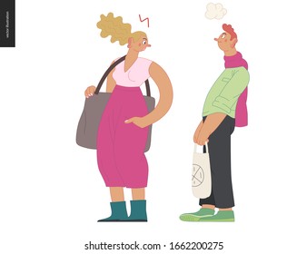 Waiting in line - modern flat vector concept illustration of a boring young man and an angry woman standing in line, talking to each other. Multicultural, multilingual people, diversity concept